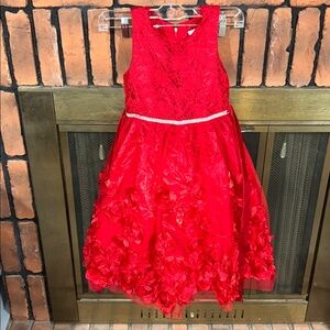 Elegant Red Lace Dress with Floral Details